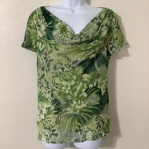 Vintage Y2K Green Tropical Animal Print Fairycore Cowl Neck Fairy Blouse Size 10